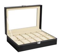 Uten Uhrenbox mit 12 Fächern, Uhrenbox Herren Damen, Schwarze PU Leder | Weiches Beige Samtfutter, Herausnehmbare Uhrenkissen, Transparente Glasabdeckung, Stabiler Metallschloss