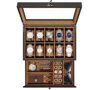 Uten Uhrenbox mit 2 Ebenen, 10 Fächern und 1 Schublade, aus Massivholz | 10 Uhren, Glasdeckel, Uhrenkissen Seidenbaumwolle, Vintage Schmuckaufbewahrung, Geschenkidee,Braunes Futter