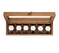 Uten Uhrenbox mit 6 Fächern, Uhrenbox aus Massivholz mit Glasabdeckung, Aufbewahrungsbox für Herren und Damenuhren, herausnehmbares Kissen aus Seidenbaumwolle, braunes Futter, Geschenkidee