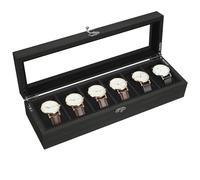 Uten Uhrenbox mit 6 Fächern, Uhrenbox aus Massivholz mit Glasabdeckung, Aufbewahrungsbox für Herren und Damenuhren, Herausnehmbares Kissen aus Seidenbaumwolle, Schwarzes Futter, Geschenkidee