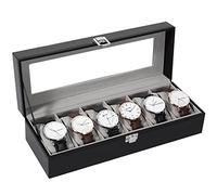 Uten Uhrenbox mit 6 Fächern, Uhrenbox Herren Damen, Schwarze PU Leder | Weiches Beige Samtfutter, Herausnehmbare Uhrenkissen, Transparente Glasabdeckung, Stabiler Metallschloss