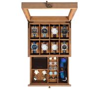Uten Uhrenbox mit 8 Fächern, 2 Ebenen Uhrenkasten aus Massivholz mit Glasdeckel, Uhrenkissen Seidenbaumwolle, Schmuckaufbewahrung, Geschenkidee，Braunes Futter