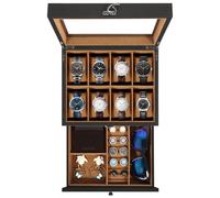 Uten Uhrenbox mit 8 Fächern, 2 Ebenen Uhrenkasten aus Massivholz mit Glasdeckel, Uhrenkissen Seidenbaumwolle, Schmuckaufbewahrung, Geschenkidee，Braunes Futter