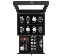 Uten Uhrenbox mit 8 Fächern, 2 Ebenen Uhrenkasten aus Massivholz mit Glasdeckel, Uhrenkissen Seidenbaumwolle, Schmuckaufbewahrung, Geschenkidee，Schwarzes Futter