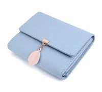 UTO Geldbörse Damen Klein mit Blatt Anhänger RFID Kleines Portemonnaie Kunstleder Druckknopf Bi-Fold Brieftasche Mini Geldbeutel Viele Fächern Feiner Portmonee Münzfach Weihnachten Neujahr Hellblau