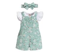 UUAISSO Baby Mädchen Outfit ärmelloses geripptes Oberteil Shorts mit Hosenträgern und Blumenmuster Neugeborenenkleidung für Mädchen Grün 12-18 Monate