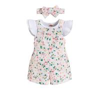 UUAISSO Baby Mädchen Outfit ärmelloses geripptes Oberteil Shorts mit Hosenträgern und Blumenmuster Neugeborenenkleidung für Mädchen rosa 3-6 Monate