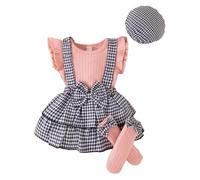 UUAISSO Kleinkind Baby Mädchen Kleidung Kariert ärmellos Geripptes Oberteil Trägerrock mit Mütze Socke Baby Outfit Rosa 9-12 Monate