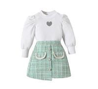 UUAISSO Kleinkind Baby Mädchen Kleidung Langarm Gerippte Oberteile Plaid Tweed Muster Rock Herbst Knopf Outfits Sets Herz grün 4-5 Jahre
