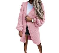 Uusollecy Strickjacke Damen, Einfarbige Grobstrick Lang Strickmantel, Herbst Winter Langarm Strickcardigan, Casual Open Front Strickpullover Sweater Cardigan mit Puffärmel Rosa L