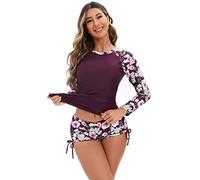 UV Shirt Damen Wasser Langarm Blume Schwimmshirt Bade Tankini Oberteil Shorts Schwimmhose Schwimmanzug Badeanzug mit Bein Frauen UPF 50+ Rashguard Bademode Kurz Strandmode Surfanzug Fuchsia S