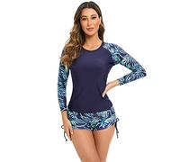 UV Shirt Damen Wasser Langarm Blume Schwimmshirt Bade Tankini Oberteil Shorts Schwimmhose Schwimmanzug Badeanzug mit Bein Frauen UPF 50+ Rashguard Bademode Kurz Strandmode Surfanzug Marineblau #A L