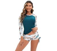 UV Shirt Damen Wasser Langarm Blume Schwimmshirt Bade Tankini Oberteil Shorts Schwimmhose Schwimmanzug Badeanzug mit Bein Frauen UPF 50+ Rashguard Bademode Kurz Strandmode Surfanzug Türkis L