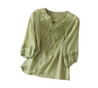 Uwdiohq Bestickte Tops für Frauen Baumwolle Leinen Tunika T-Shirt 3/4 Ärmel V-Ausschnitt Ethno Blusen Damen Elegant Festlich Kinder Tshirt Mädchen Damenshirt Halbarm Pailletten Blusenshirt Weiss