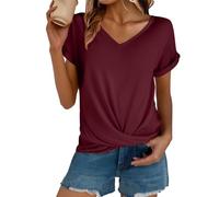 Uwdiohq Damen Casual Top Kurzarm Knoten Shirts Slim Fit V-Ausschnitt T-Shirt Tops Puffärmel Tshirt Set Cool Shirt Schwarzes Mädchen Sommershirt Leicht Mit Gruenem Print T Schwarz Aufdruck Bunt