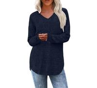 Uwdiohq Damen Pullover V-Ausschnitt Leicht Langarmshirt Elegant Basic Strickpullover Herbst Winter Einfarbiges Oberteil Loose Fit Pulli Sweatshirt Modern Top(Dunkelblau,L)