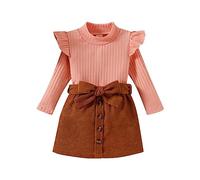 Uwdiohq Day Prime 2024 Kleinkind Mädchen Rüschen Langarm gerippt gestrickt Rollkragen T-Shirt Tops solide Fliege Rock Outfits Kinder Pullover Mädchen Süße Baby Outfit Mädc Sale Angebote Bestellung