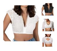 Uwdiohq Dirndl Bluse Damen Spitze Schlicht Kurzarm Dirndlbluse V Ausschnitt Sexy Trachtenbluse Kurzärmelige Tracht Bluse mit Spitzenausschnitt Für Bayrische Tracht Oktoberfest