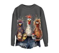 Uwdiohq Eagerlys Sweatshirt Mit Farbenfrohem, Lustigem Hühner-Kunstdruck Pullover Rosa Damen (Dark Gray, M) Oversized Sweater Damenmode Replay Yoga Kleidung Pullunder Leichte Jeans Dünner Stoff