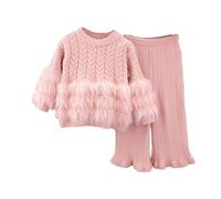 Uwdiohq Girl'S Fall And Winter 2024 New Knitted Round Neck Top Flared Pants Two Piece Suits Bekleidungsset Mädchen Baby Kleidung Zur Geburt Bodyverlängerung Valentinstag Newborn Set Rüschenkleid