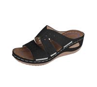 Uwdiohq Hausschuhe Damen Pantoletten Mit Absatz Slope Heel Fischmaul Dicker Bestickt Mop (Black, 39) Sommerschuhe Fussbett Sandalen Adiletten Leopard Plateau Weiches Damen-Sandalen Keilabsatz