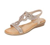 Uwdiohq Orthopädische Sandalen Damen Sommer Damen-Römersandalen Mit Strasssteinen, Ethno-Stil, Offener Zehenbereich, Dicker, Slope-Absatz, Damenschuhe (Gold, 39) Sandals Women Fersensporn