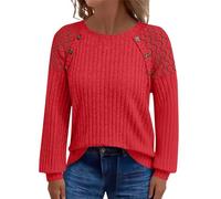 Uwdiohq Pullover Damen Langarmshirt Leichte Strickpullover Rundhals Spitze Casual Oberteil Herbst Lässig Elegant Loose Fit Pulli Sweatshirt Trendy Top(Rot,M)