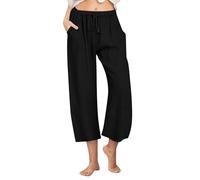 Uwdiohq Sale Angebote Baumwoll-Leinen-Hose für Frauen 2024 Sommer Kordelzug Taille Weites Bein Crop Pant Casual Loose Fit Strandhose Damen Sommer Locker 3/4 Hose Women's Le Sale Angebote Bestellung