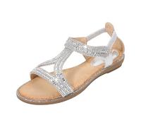 Uwdiohq Sandalen Damen Wandersandalen Mit Fußgewölbestützriemen Ladies Sandals Summer New Comfortable Fashion Retro Ethnic Style Light Beach Vacation Elastic Heel Casual Flat (Silver, 35) Sommer