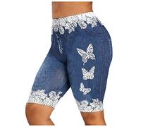 Uwdiohq Sonderangebote Restposten Damen Skinny Freizeitshorts Women's dünner Druck Butter Fliege Jean Shorts Women Knielang Leichte Denim Leggings Frauen Spitzenrand Stretch Yo Mein Bestellung Sale