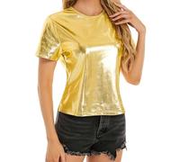 Uwdiohq Women's Spring Summer Metallic Glossy Round Neck Loose Casual T Shirt Batik Damen Oversized Schwarz Dreiviertelarm Shirts 3/4 Arm Kurzarm Uni Tshirt Marineblau Gelbe T-Shirts Fuer Dicke