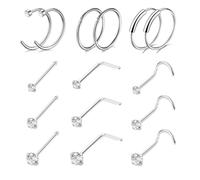 Uwiyo 15 Stück Nasenpiercing, 20G 316L Edelstahl Silber Gold Nasenstecker Nasenring L/Screw/Straight-Form Nasenpiercing mit Zirconia Nase Nostril Piercing Stecker für Frauen Männer(Silber)