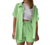 UXSELKCD Damen Blusen & Tuniken Musselin Bluse Sommer T-Shirt Kurzarm Leinen Knopf Bluse Lange Oversized T-Shirt Casual für Leggings