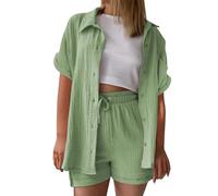 UXSELKCD Damen Musselin Bluse Elegant Tunics Sommer T-Shirt Kurzarm Leinen Knopf Bluse Lange Oversized T-Shirt Casual für Leggings