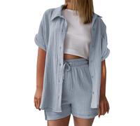 UXSELKCD Damen Musselin Bluse Elegant Tunics Sommer T-Shirt Kurzarm Leinen Knopf Bluse Lange Oversized T-Shirt Casual für Leggings