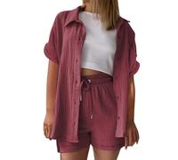 UXSELKCD Damen Sommer T-Shirt, Musselin Bluse, Elegant Tunics, Sommer T-Shirt, Kurzarm, Leinen, Knopf Bluse, Lange, Oversized, Casual für Leggings