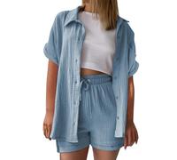 UXSELKCD Damen T-Shirt, Musselin Bluse, Elegant Tunics, Sommer T-Shirt, Kurzarm, Leinen, Knopf Bluse, Lange, Oversized, Casual für Leggings, Light Blue, M, Lässig
