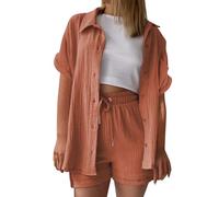 UXSELKCD Damen Zweiteiler Sommer, Musselin Bluse, T-Shirt Kurzarm, Leinen Knopf Bluse, Lange Oversized T-Shirt, Casual für Leggings, Brown, XL