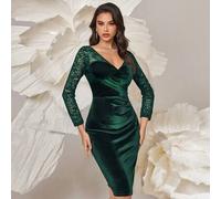 V-Ausschnitt Blumen Spitze Kontrast Samt geraffter Taille Langarm Cocktail Party Bodycon Kleid, elegantes Damenkleid, Business Kleid, halblässiges Dam
