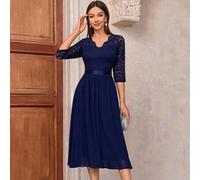 V-Ausschnitt Blumen Spitze Oberteil Chiffon Abiball Swing Kleid, elegant halblässig Hochzeitsgast Kleid, für Geburtstag, Abschluss, Homecoming