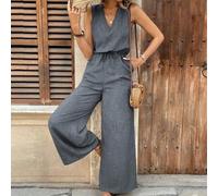 V-Ausschnitt figurbetonter, strukturierter ärmelloser Jumpsuit mit Taschen für Frauen, Urlaubsstil