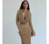 V-Ausschnitt gefranstes flauschiges Patchwork Glockenrock Bodycon Maxi Strickkleid für Frauen im Herbst/Winter