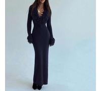 V-Ausschnitt gefranstes flauschiges Patchwork Glockenrock Bodycon Maxi Strickkleid für Frauen im Herbst/Winter