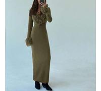 V-Ausschnitt gefranstes flauschiges Patchwork Glockenrock Bodycon Maxi Strickkleid für Frauen im Herbst/Winter