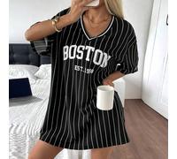 V-Ausschnitt gestreiftes Buchstaben-Muster sportliches Athleisure Kleid, Kleider für Frauen Sommer Alltag Tageszeit Städtetrip Schwarz und Weiß gestre