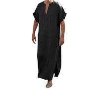 V-Ausschnitt Herren Kaftan Seite Split Kurzarm Robe Baumwolle mit Taschen, Lang Thobe Herren Tunika Robe Nachthemd Muslimische Kleider Ethnische Maxikleid Ramadan Roben Taiji Kleidung Schwarz M