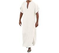 V-Ausschnitt Herren Kaftan Seite Split Kurzarm Robe Baumwolle mit Taschen, Lang Thobe Herren Tunika Robe Nachthemd Muslimische Kleider Ethnische Maxikleid Ramadan Roben Taiji Kleidung Weiß XXL