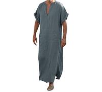 V-Ausschnitt Herren Kaftan Seite Split Kurzarm Robe Baumwolle mit Taschen, Lang Thobe Herren Tunika Robe Nachthemd Muslimische Kleider Ethnische Maxikleid Ramadan Roben Taiji Kleidung Dunkelgrau XL