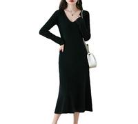 V-Ausschnitt-Kaschmir-Pulloverkleid Damen Herbst Winter Langarm lässig Lange A-Linie gestricktes Wollkleid Black S