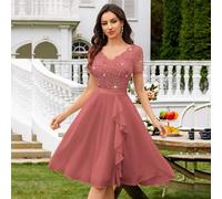 V-Ausschnitt Kontrast Pailletten-Einsatz Rüschen Saum Chiffon Cocktail Party A-Linie Kleid, Semi-Formelles Kleid